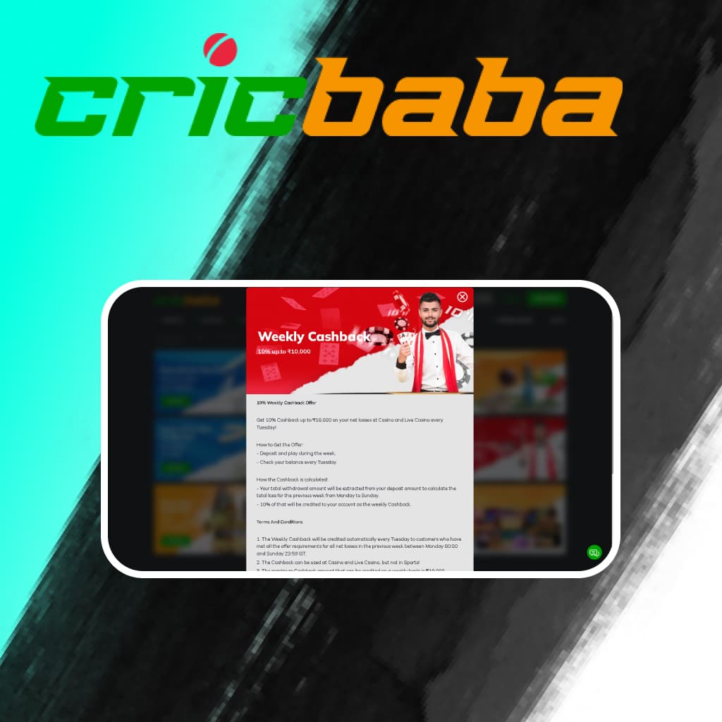 Cricbaba Casino Cashback Bonus 10% up to ₹10,000