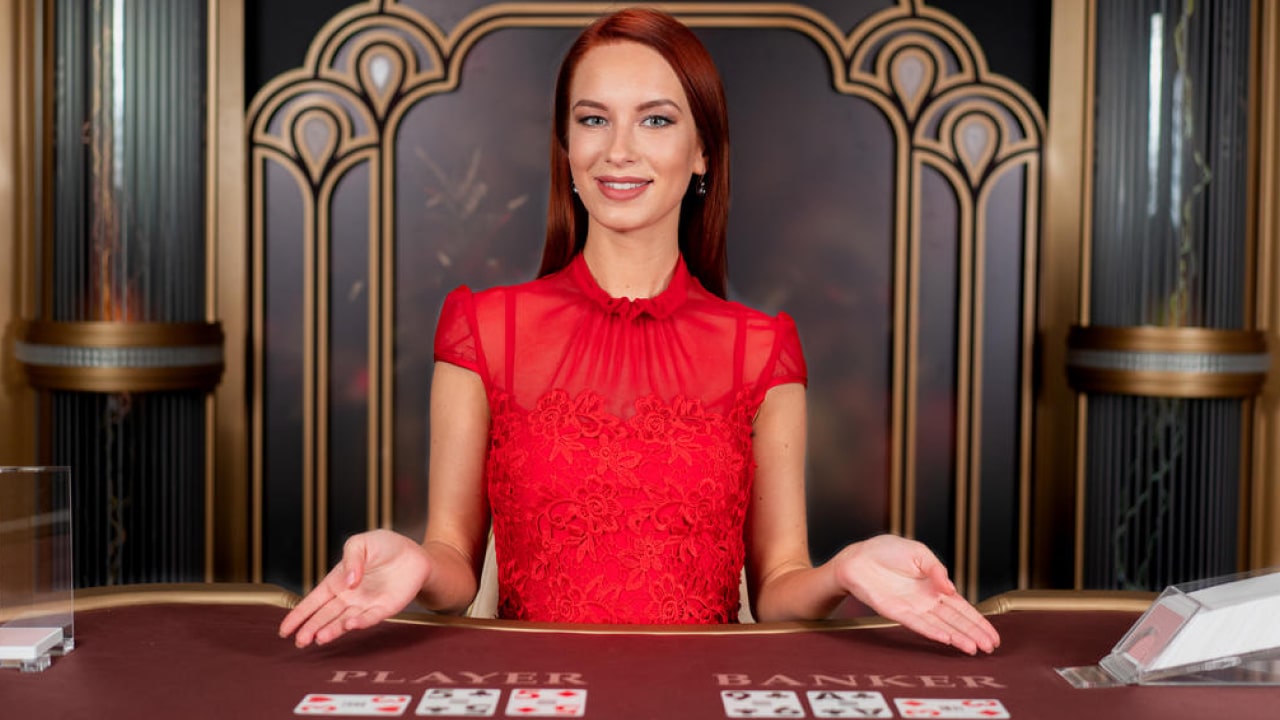 Lightning Baccarat live dealer with dealt cards on a Baccarat table